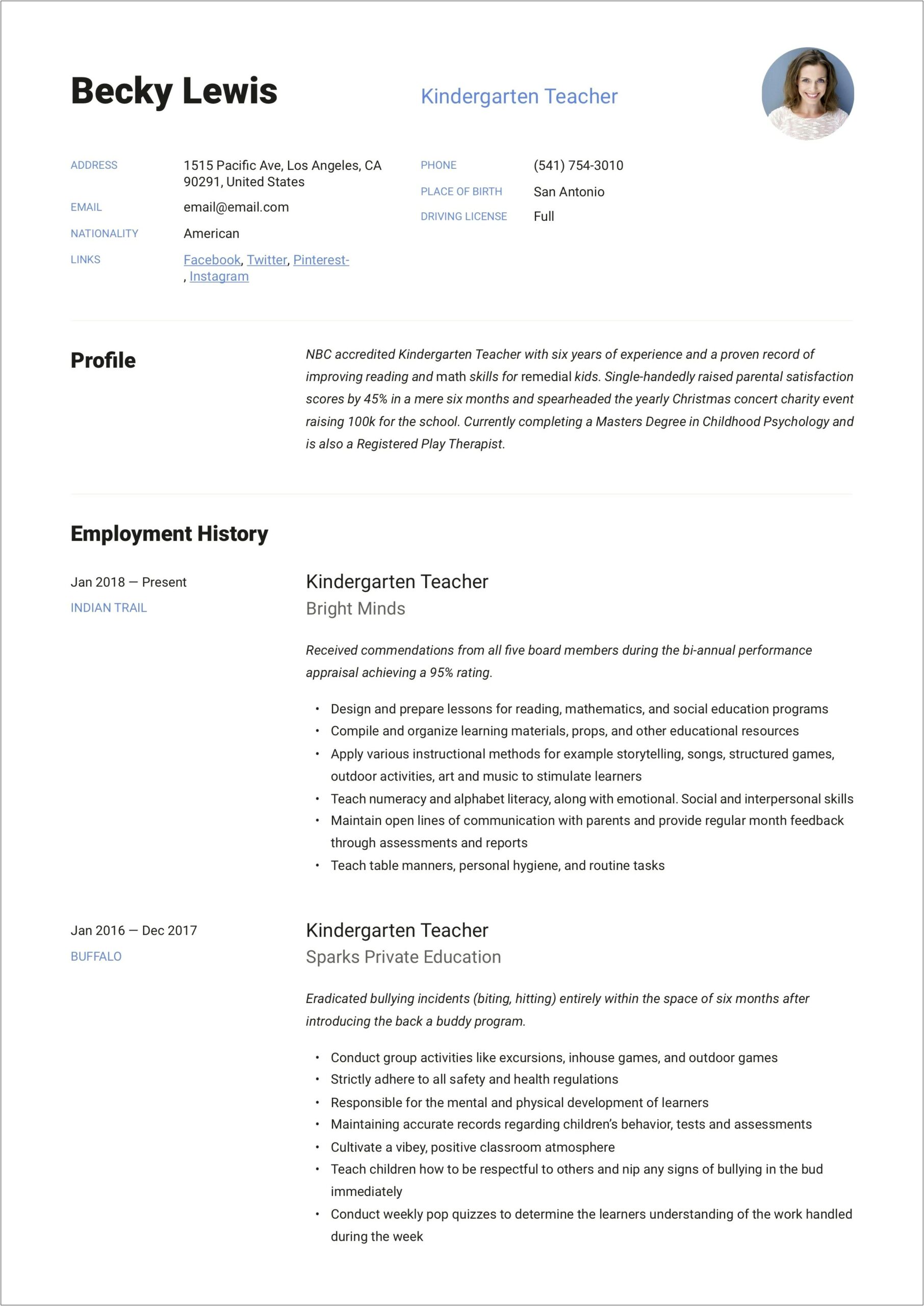 Kindergarten Teacher Job Duties Resume