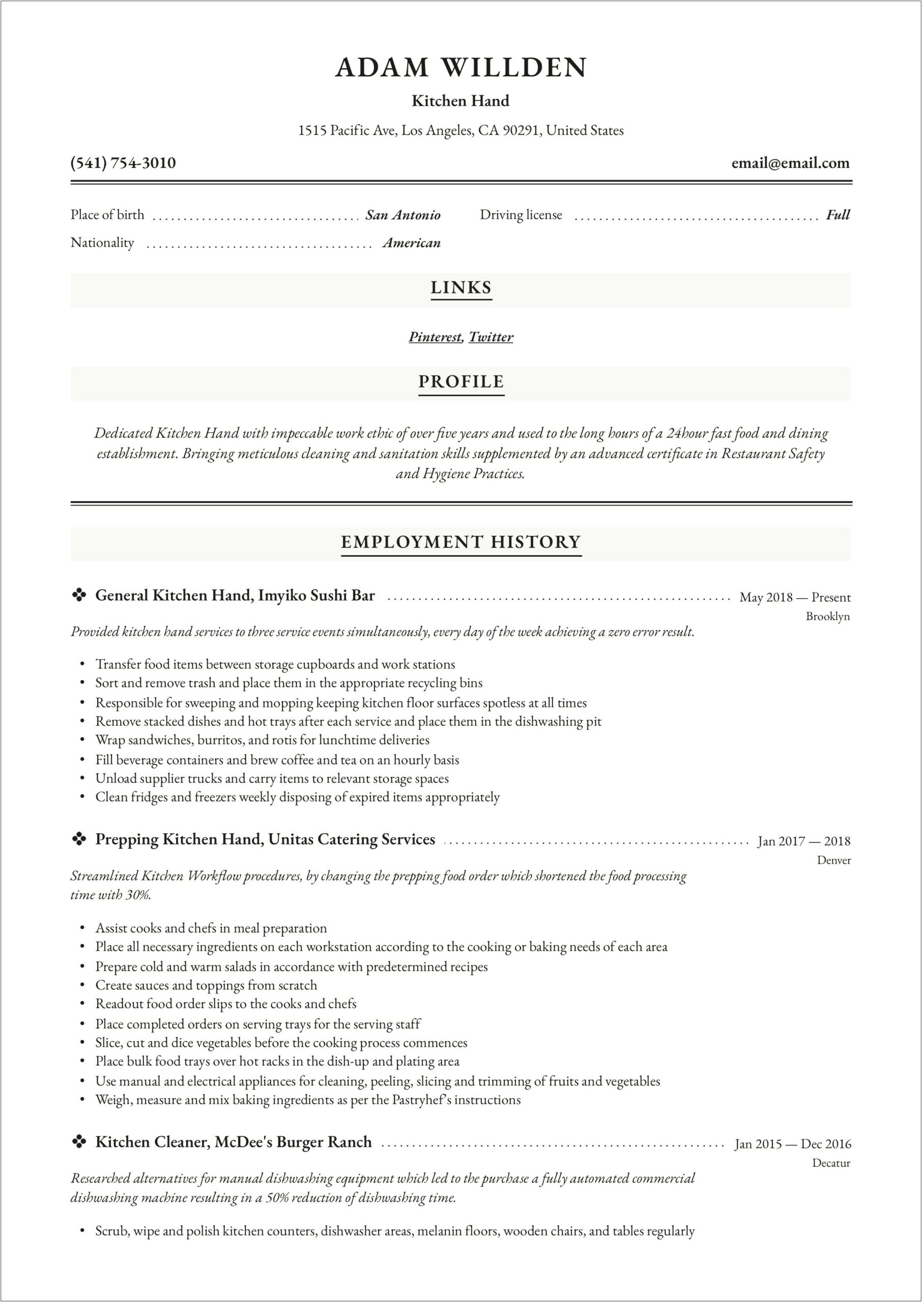 Kitchen Cleaner Job Description Resume