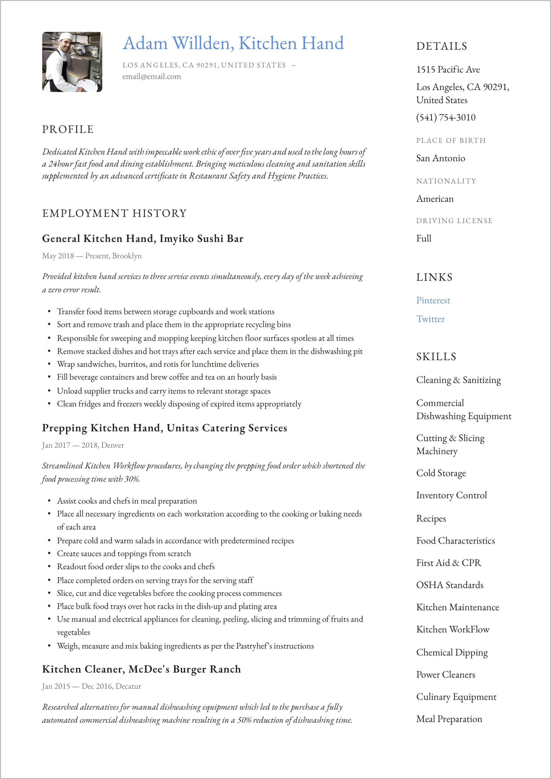 Kitchen Hand And Food Service Assistant Resume Sample