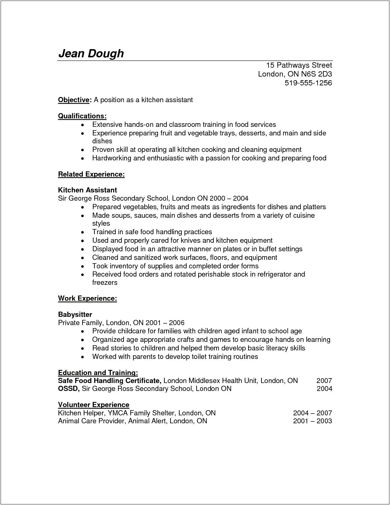Kitchen Staff Job Description Resume