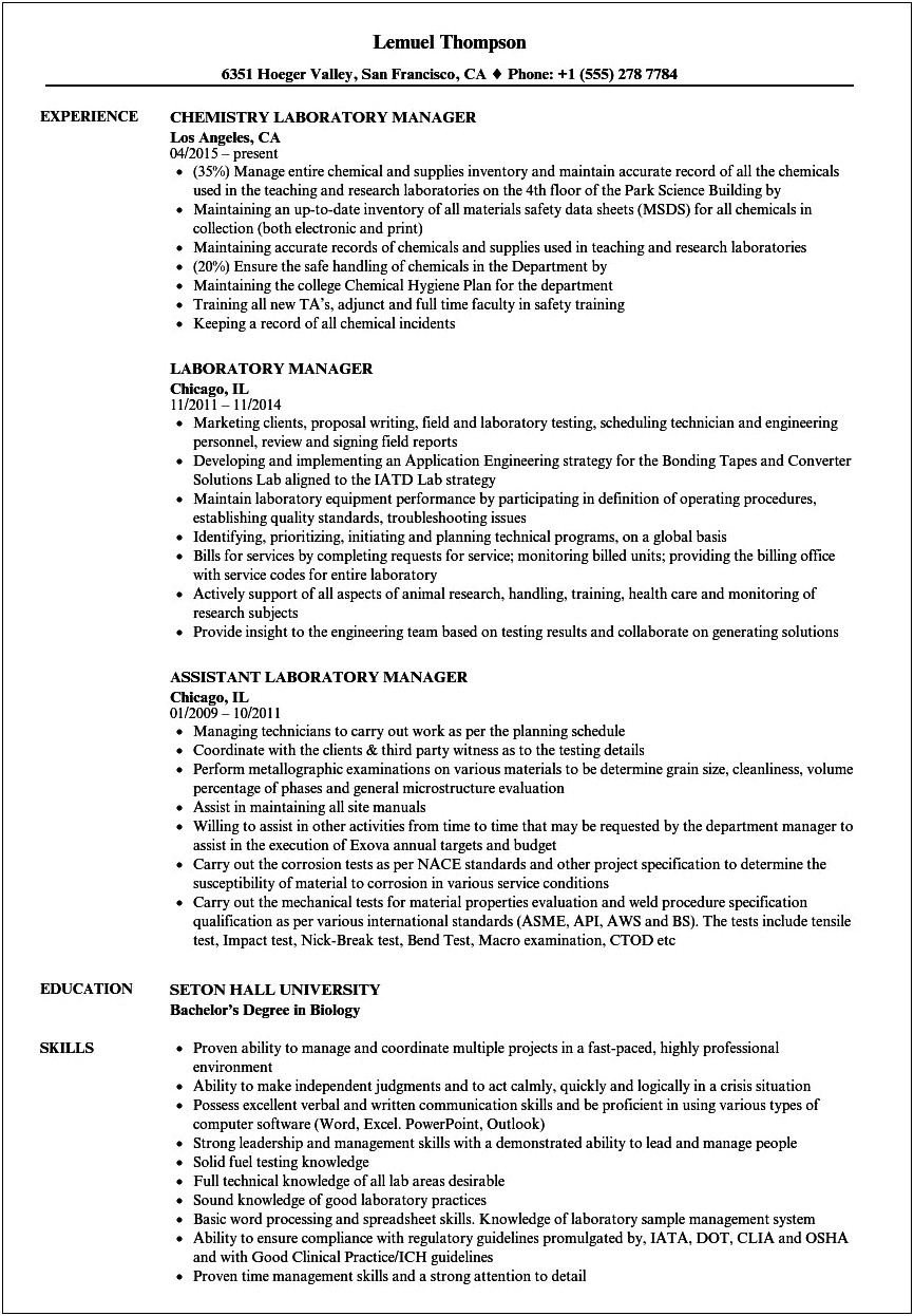 Lab Manager Job Description For Resume