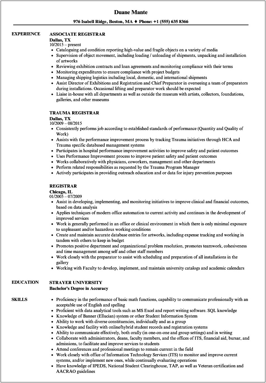 Lab Registrar Job Description For Resume