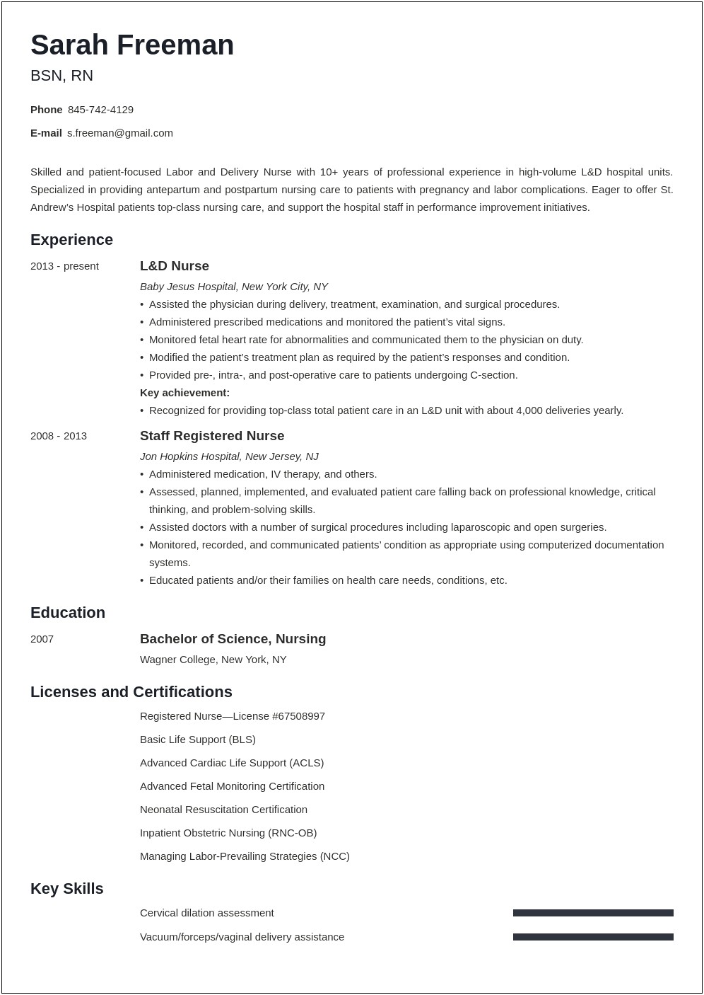 Labor And Delivery Nurse Resume Sample