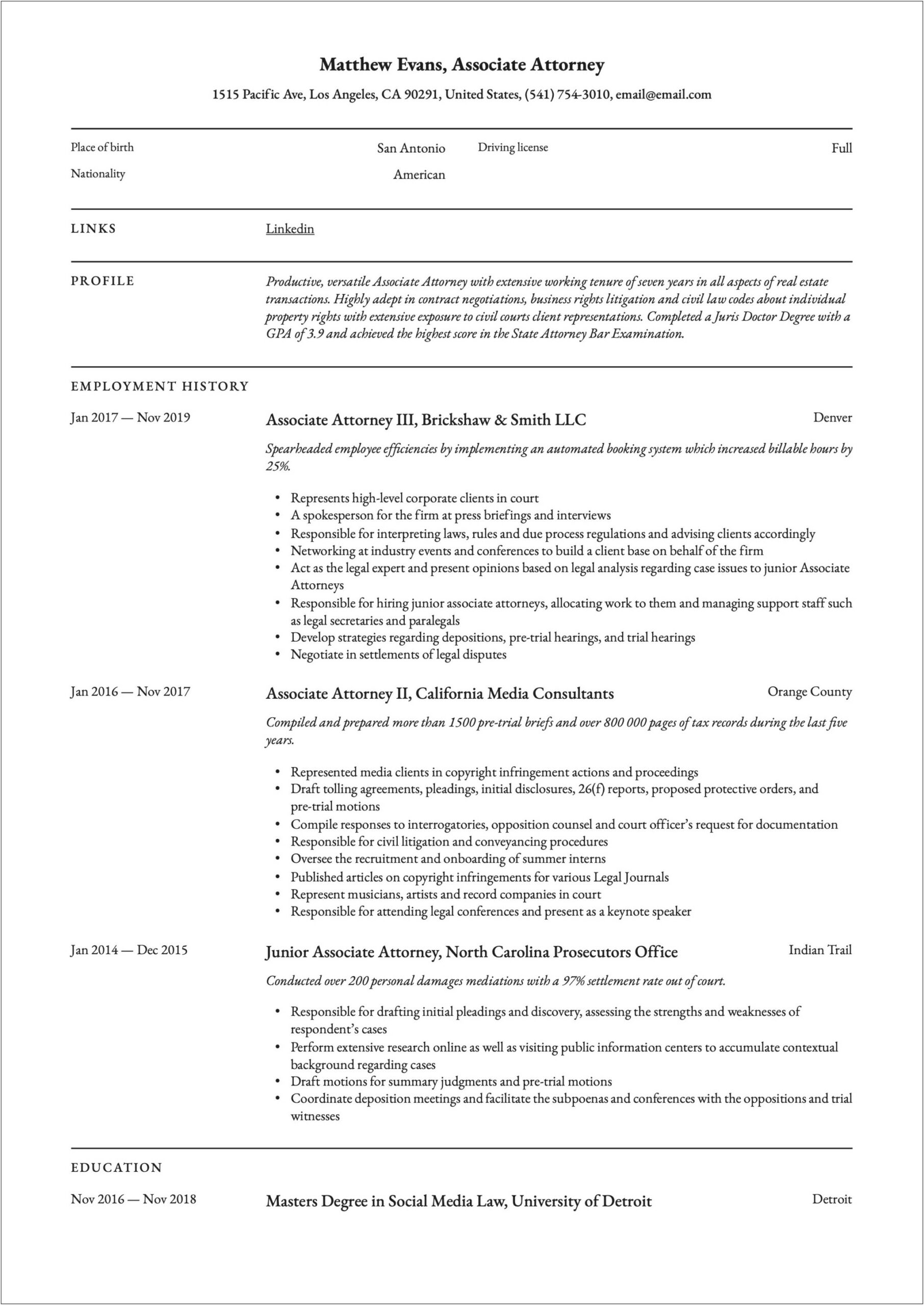 Labor And Employment Attorney Resume Sample