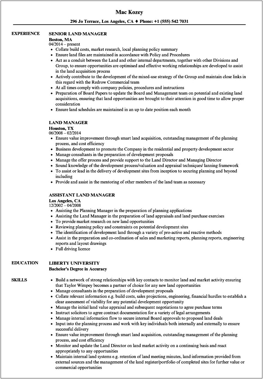 Land Development Project Manager Resume