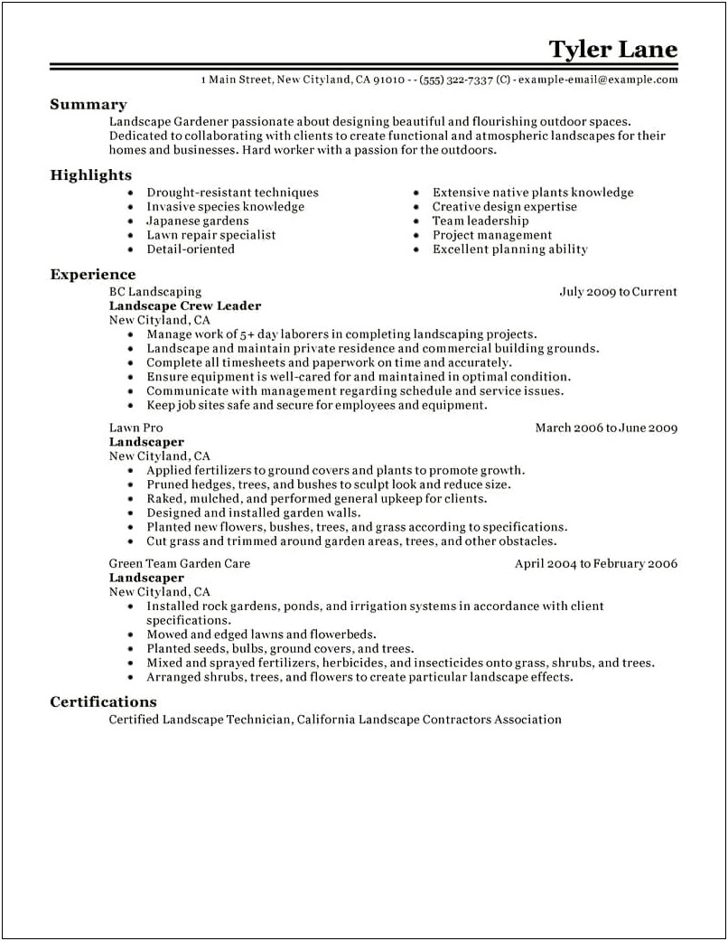 Landscape Manager Job Description Resume