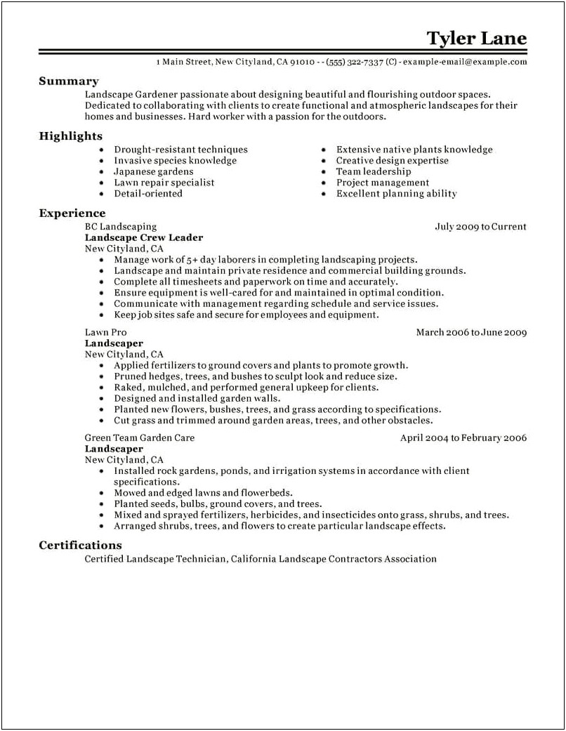 Landscaping Laborer Job Description For Resume