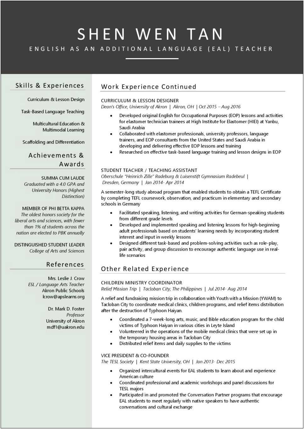 Language Arts Experience On A Non Teaching Resume