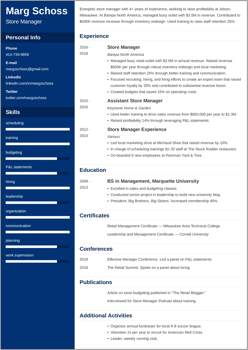 Large Convience Store Manager Resume