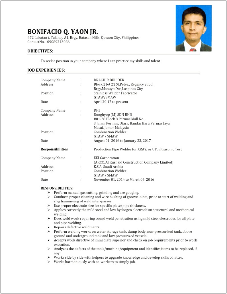 Latest Resume Format Sample In The Philippines