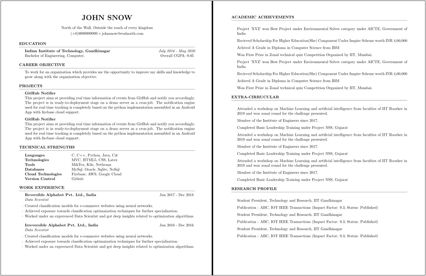 Latex Computer Science Resume Template For Undergraduate Students