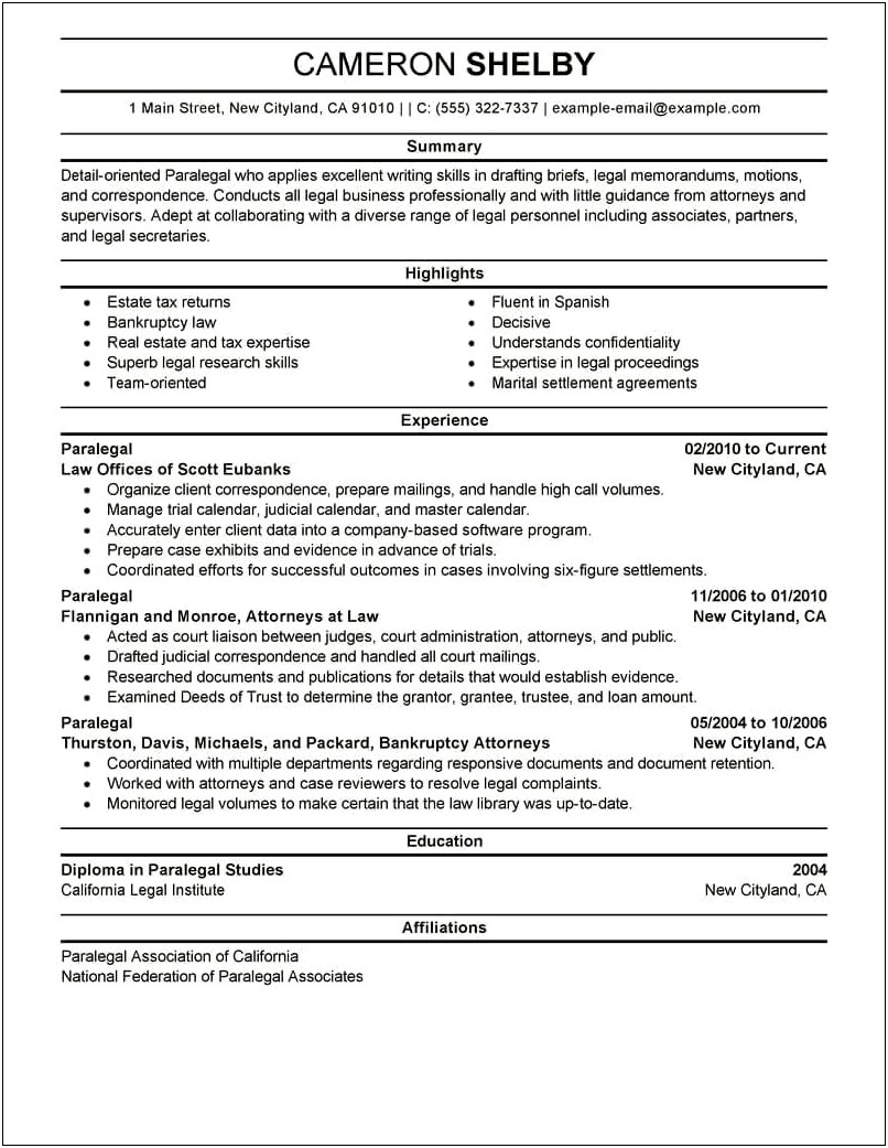 Law Clerk Personal Injury Firm Resume Description