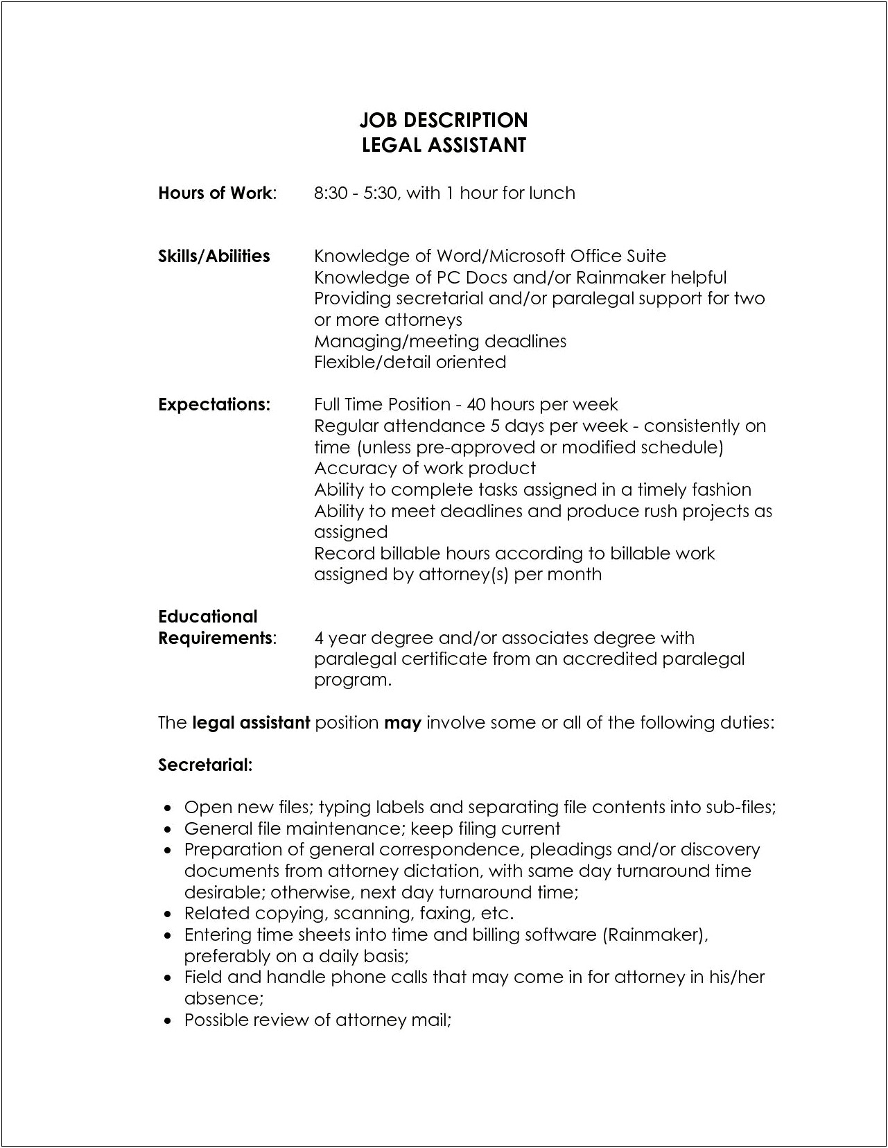 Law Firm Office Assistant Job Description Sample Resume