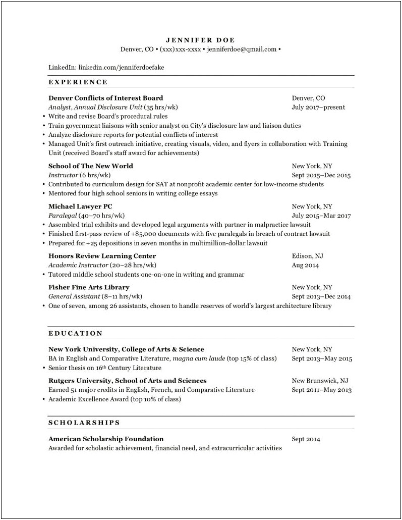 Law School Applicant Resume Examples