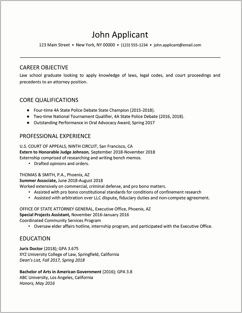 Law School Resume Application Examples