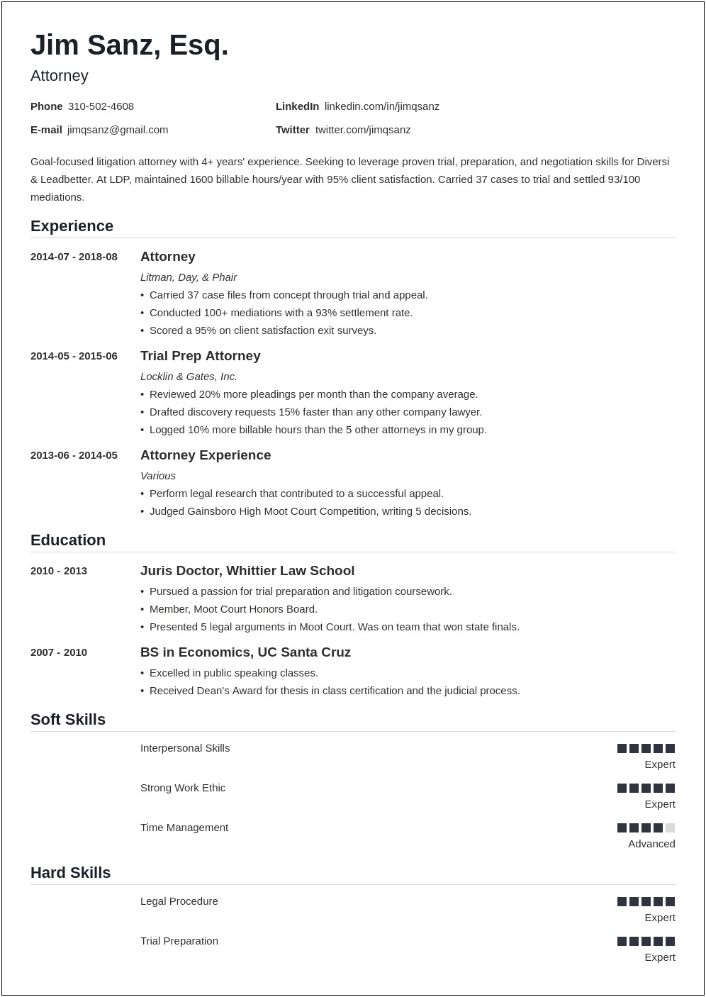 Law School Resume For Mid Level Professional