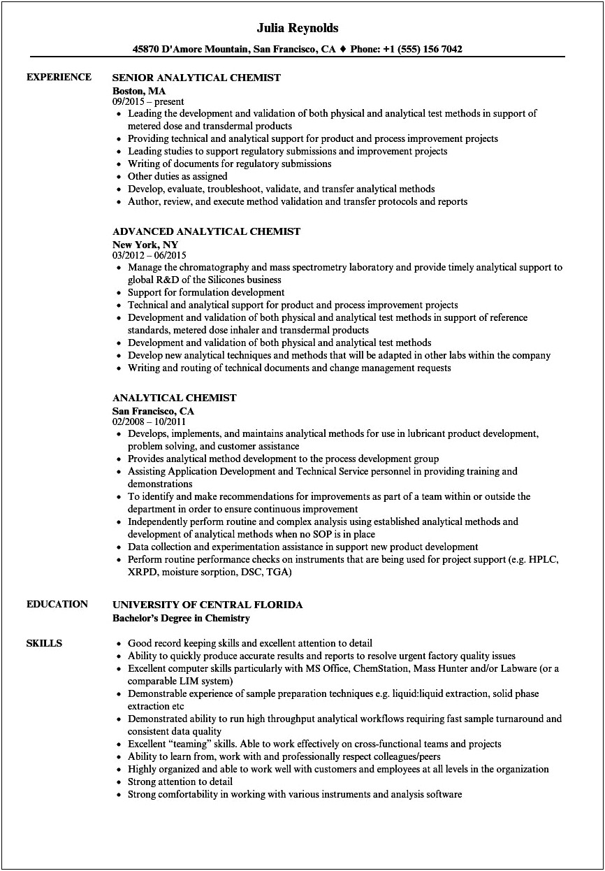 Leachables And Extractables Chemist Resume Sample