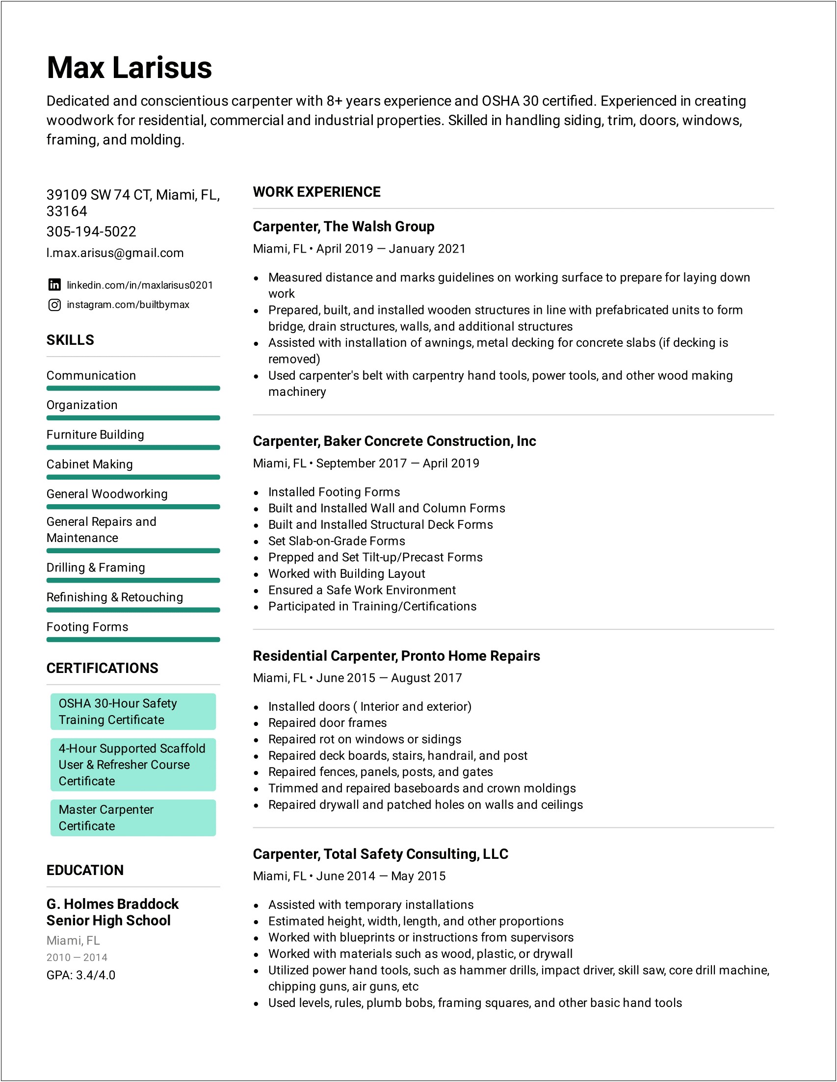 Lead Carpenter Job Description Resume