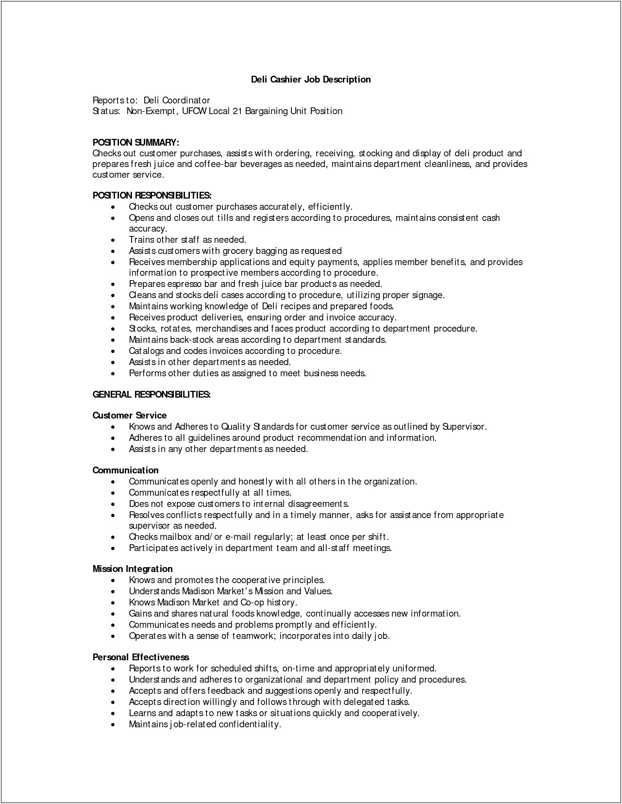 Lead Cashier Job Description Resume