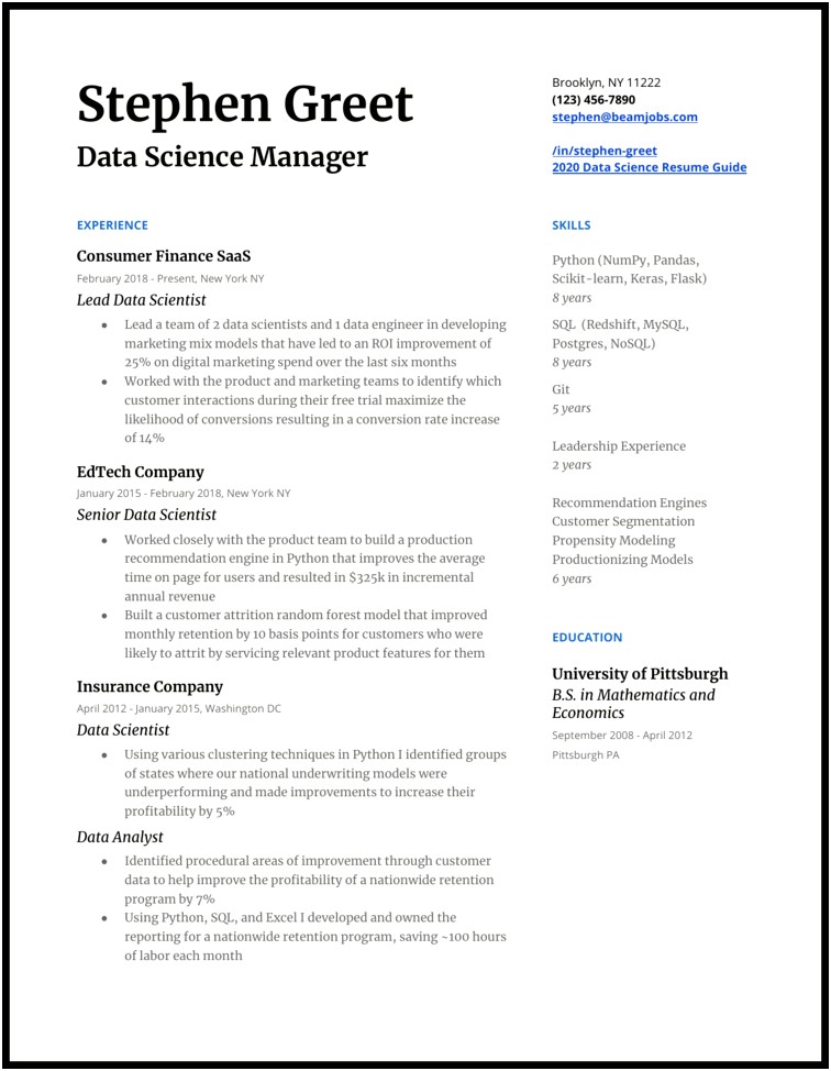 Lead Data Scientist Resume Sample