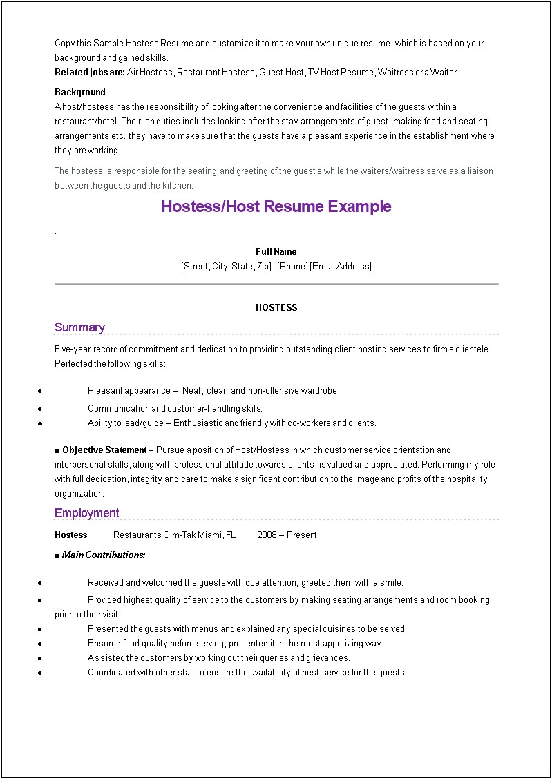 Lead Hostess Job Description For Resume