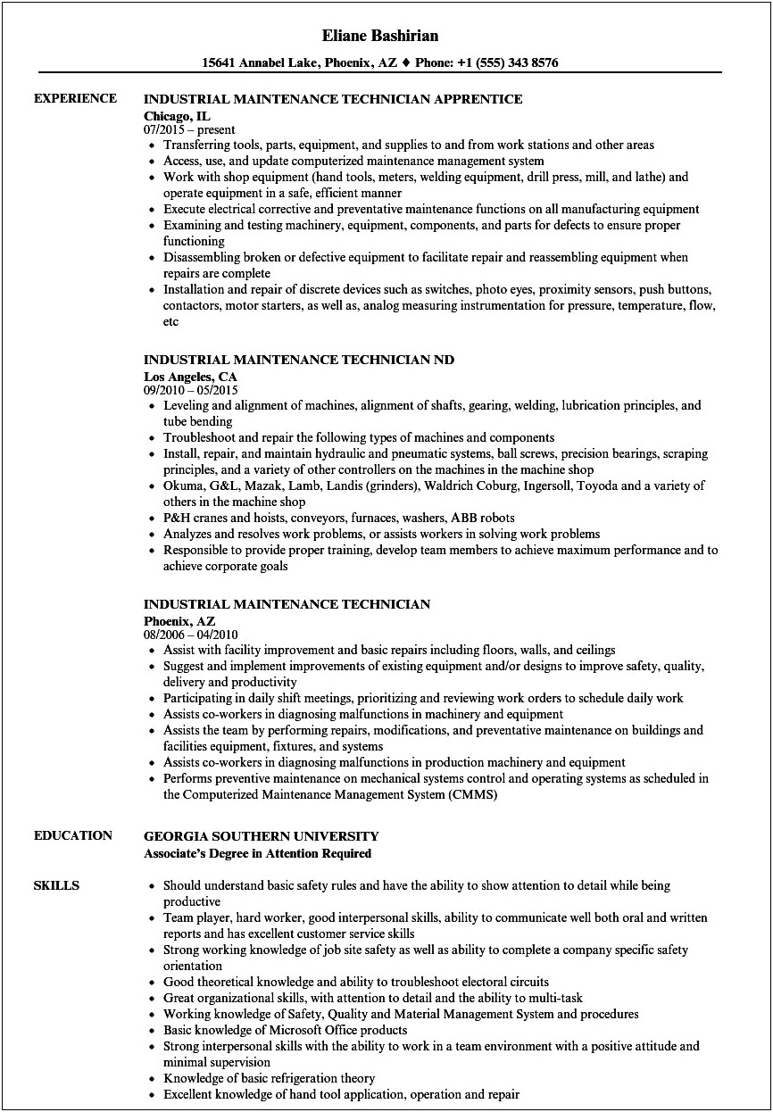 Lead Maintenance Technician Job Description Resume