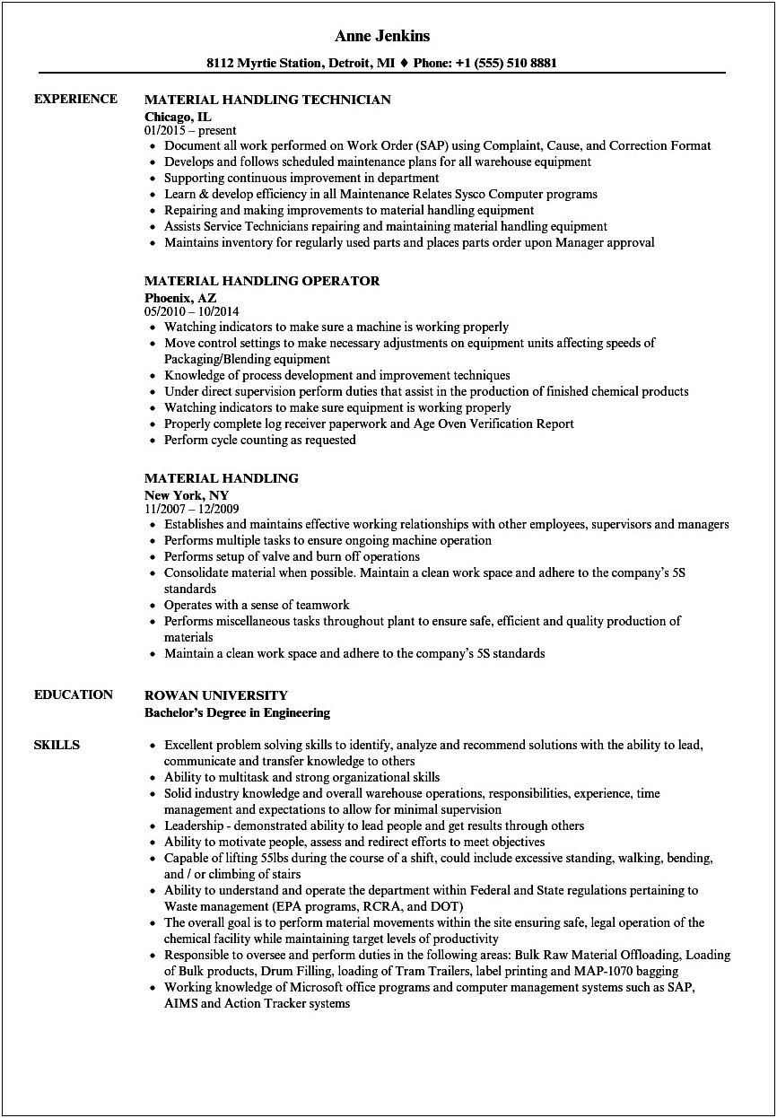 Lead Material Handler Job Description Resume