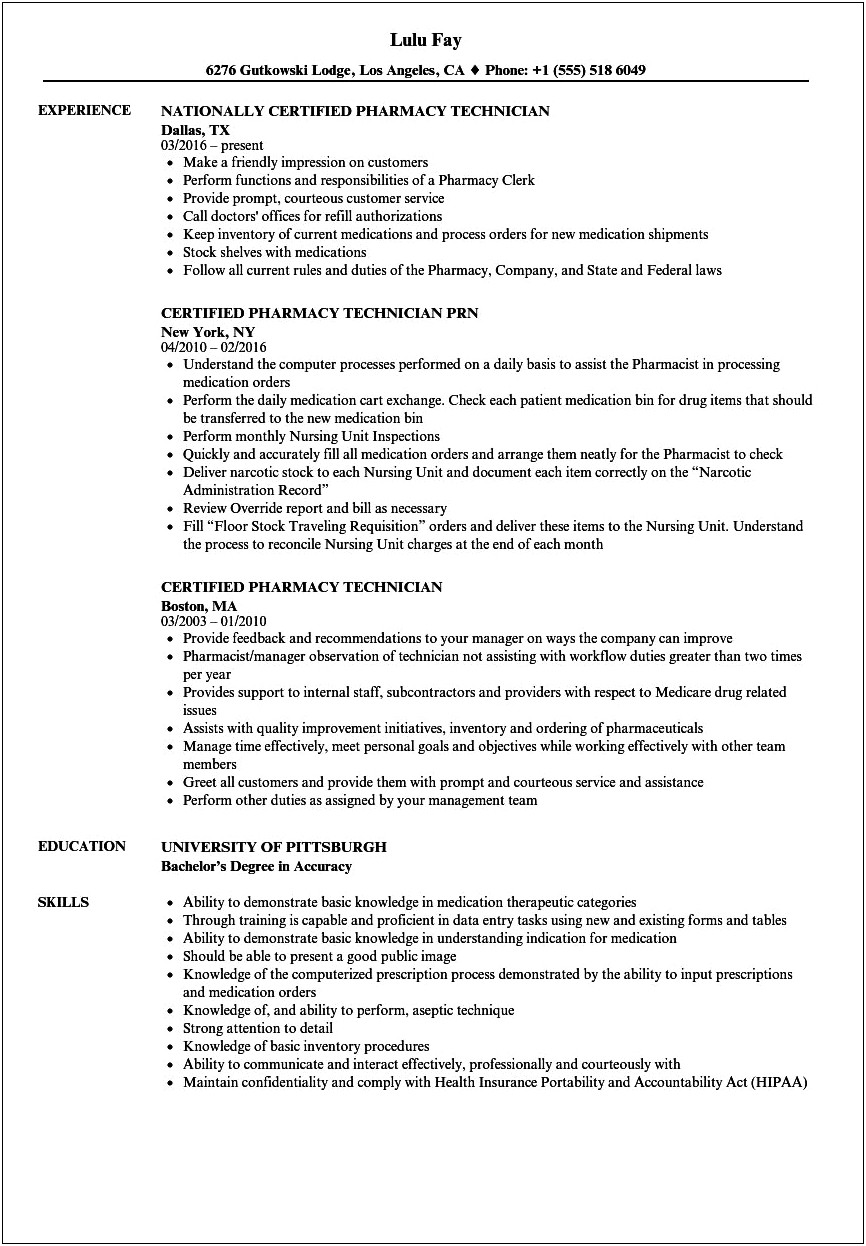 Lead Pharmacy Technician Job Description For Resume