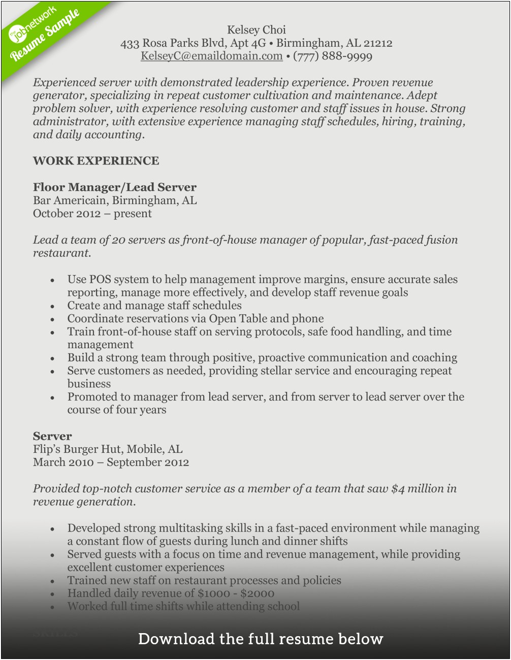 Lead Server Job Description Resume