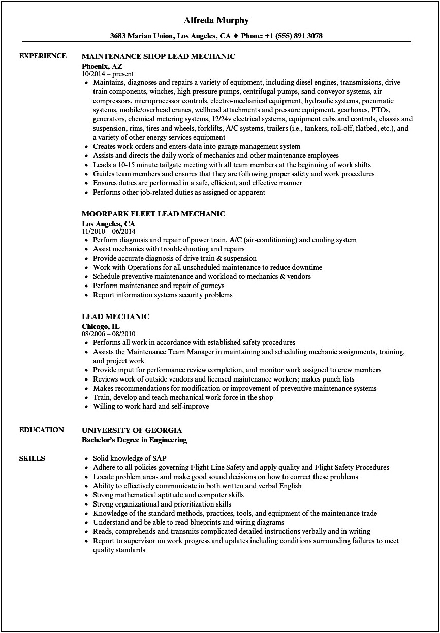 Lead Service Technician Sample Resume