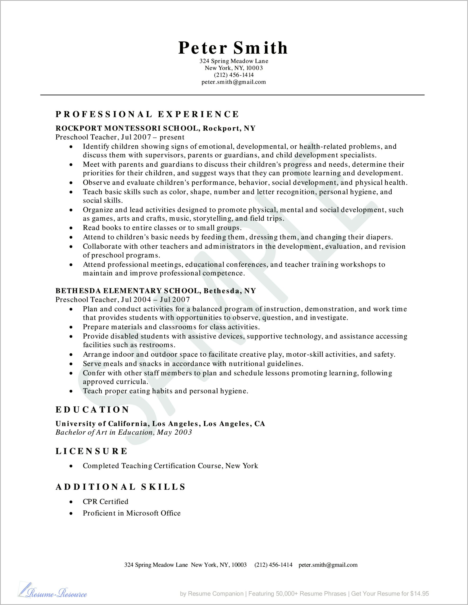 Lead Teacher Job Description At A Daycare Resume