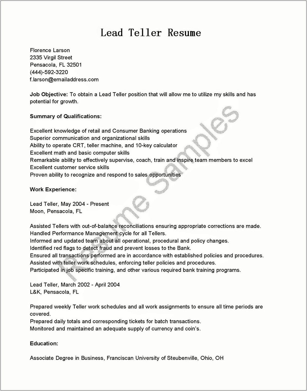 Lead Teller Job Description Resume