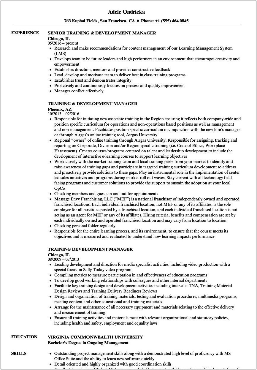 Learning And Development Manager Resume Summary