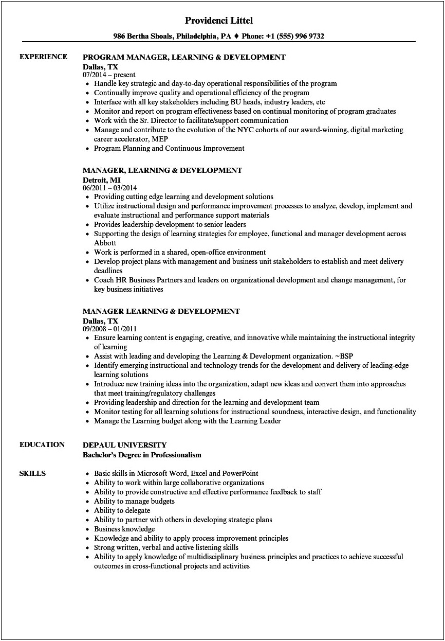 Learning And Development Resume Examples