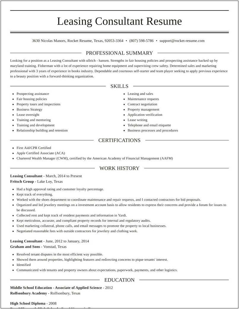 Lease Up Property Manager Resume