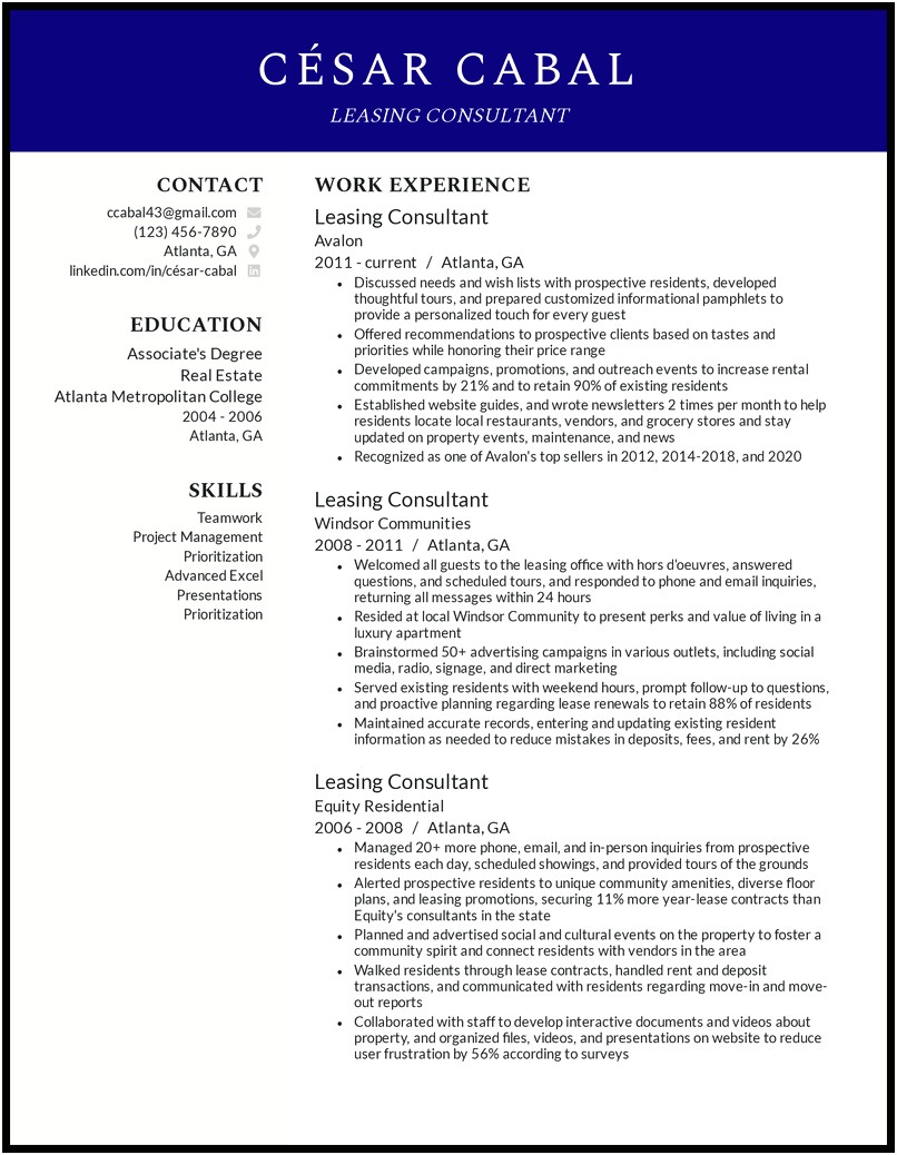 Leasing Consultant Job Description For Resume