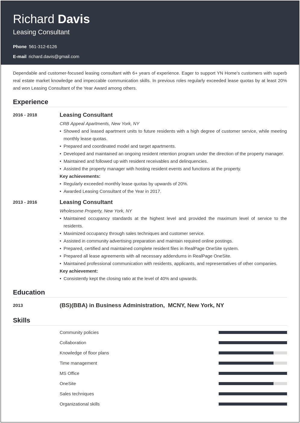 Leasing Consultant Resume Objective Examples