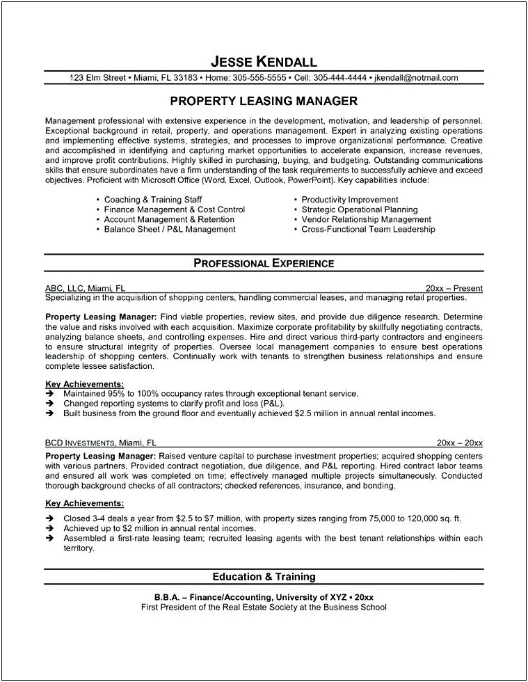 Leasing Manager Description For Resume
