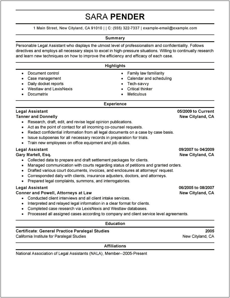 Legal Assistant Job On Resume