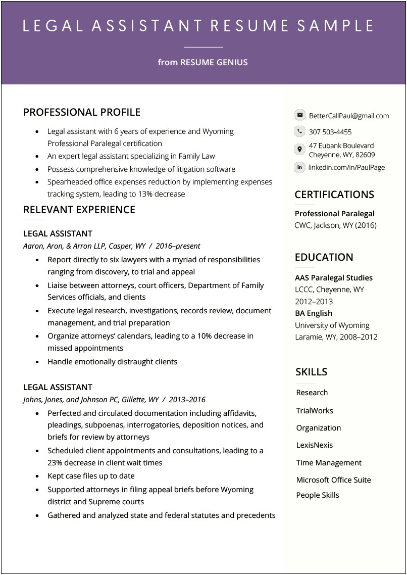 Legal Assistant Resume Example 2019