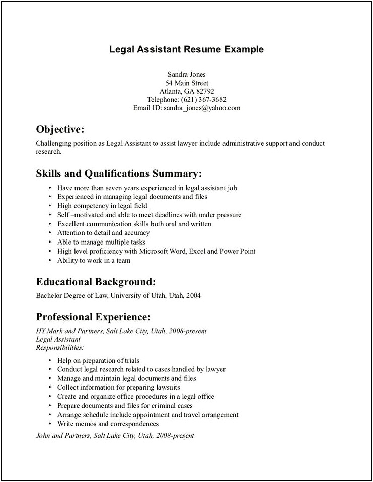 Legal Assistant Resume Profile Examples