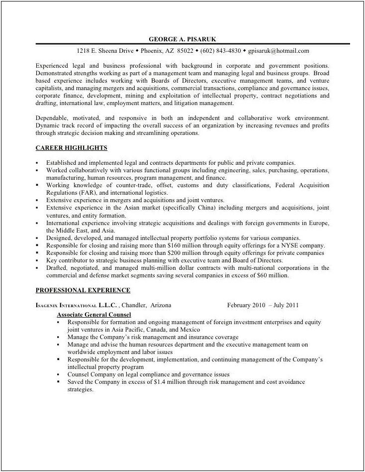 Legal Resume Sample In House Counsel