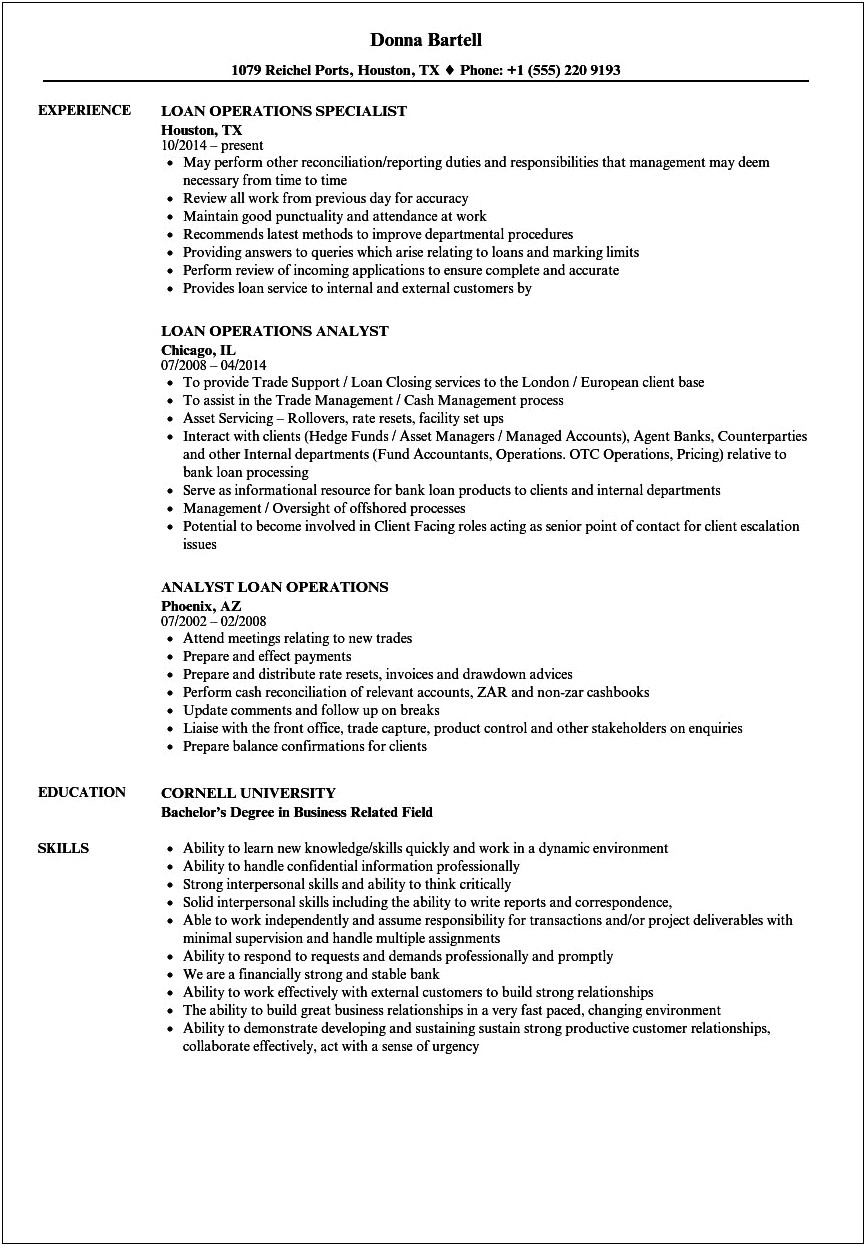 Lending And Operations Administrator Resume Samples