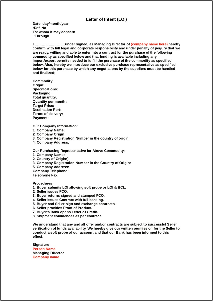 Letter Of Intent Example Resume