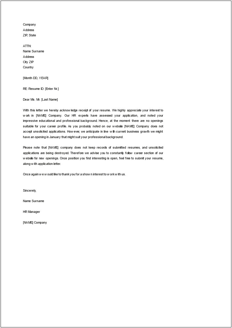 Letter Template For Email Confirming Receipt Of Resume