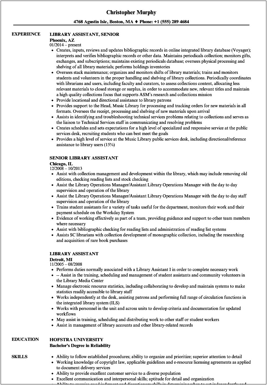 Library Assistant Resume No Experience Professional Summary