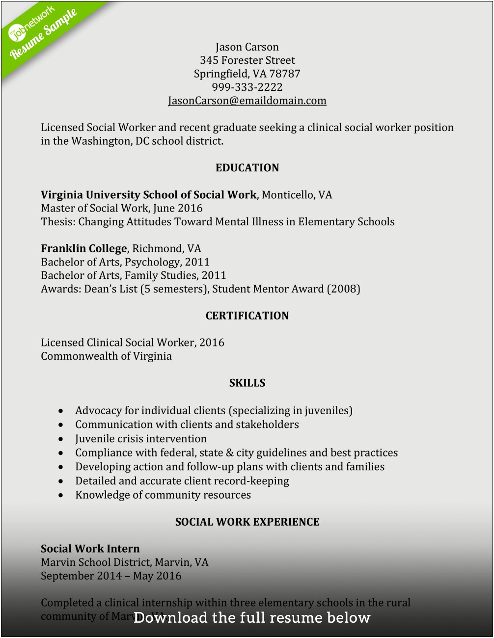 Licensed Clinical Social Worker Resume Example