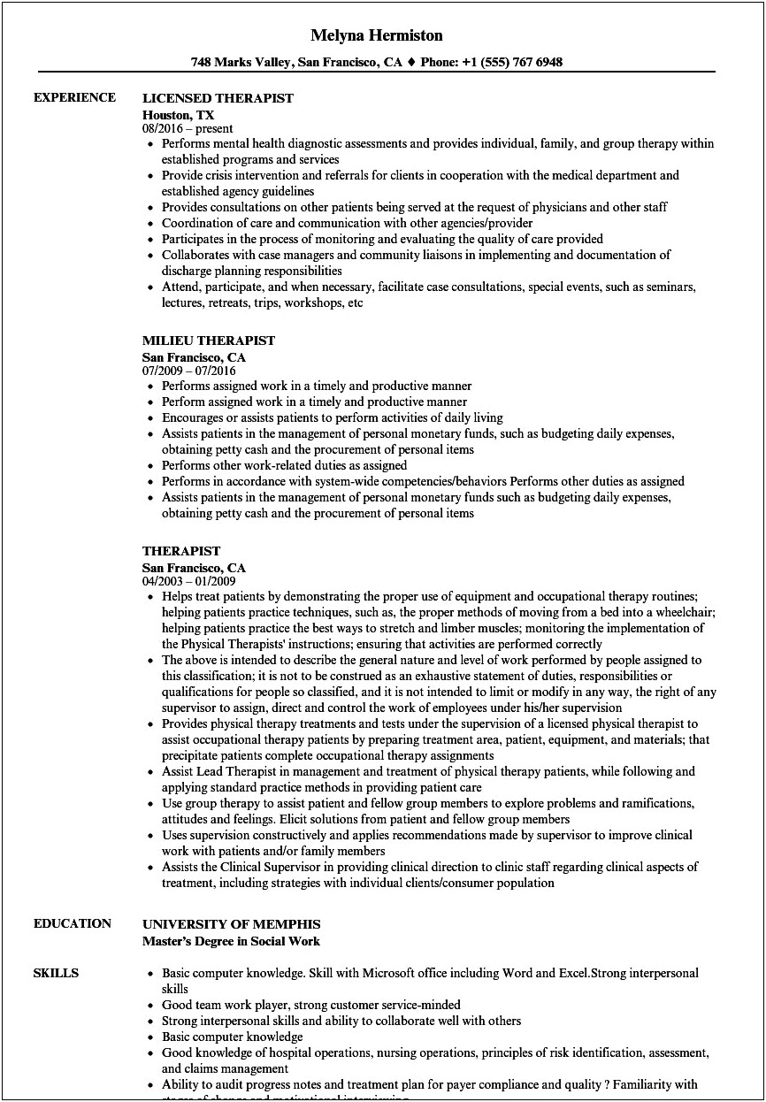 Licensed Marriage And Family Therapist Resume Sample