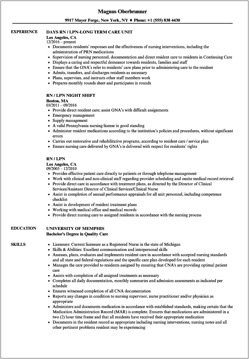 Licensed Practical Nurse Job Description Resume