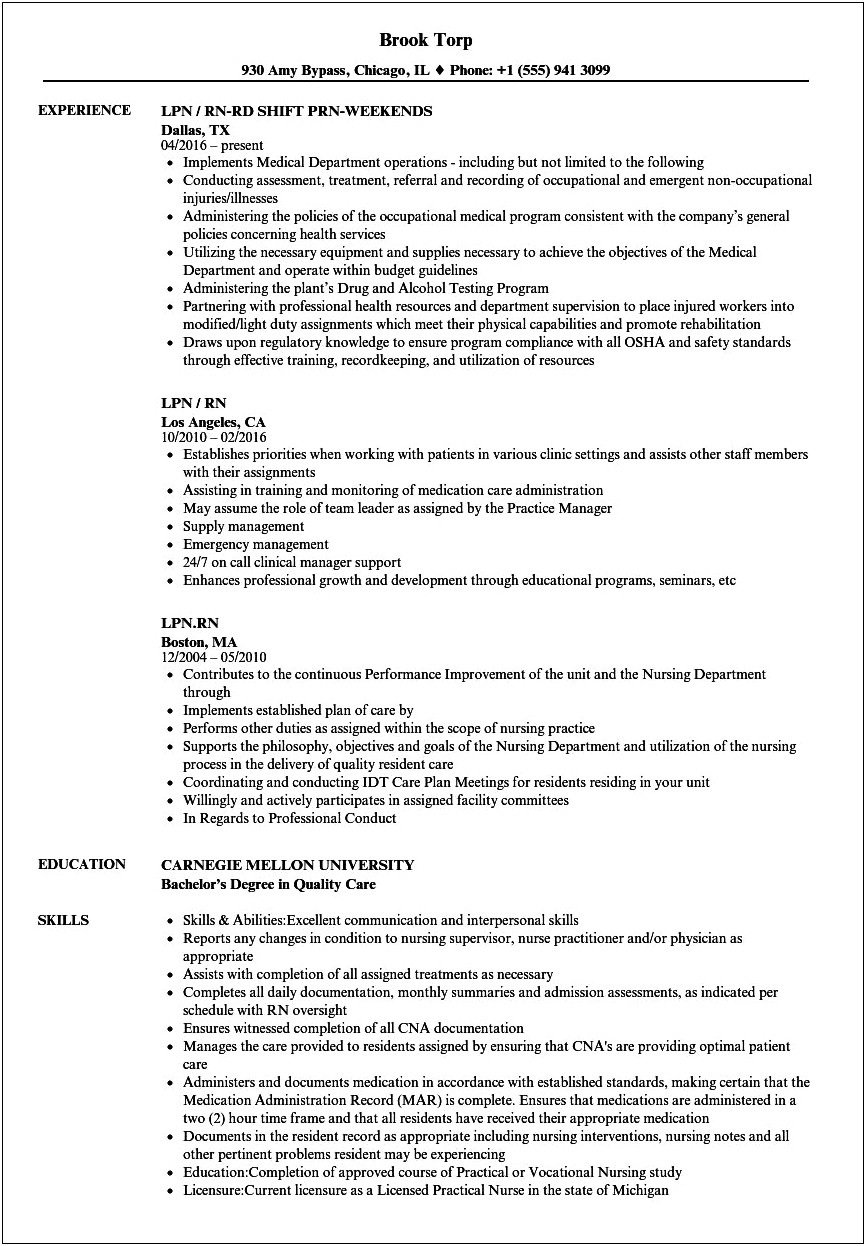 Licensed Practical Nurse Resume Objective